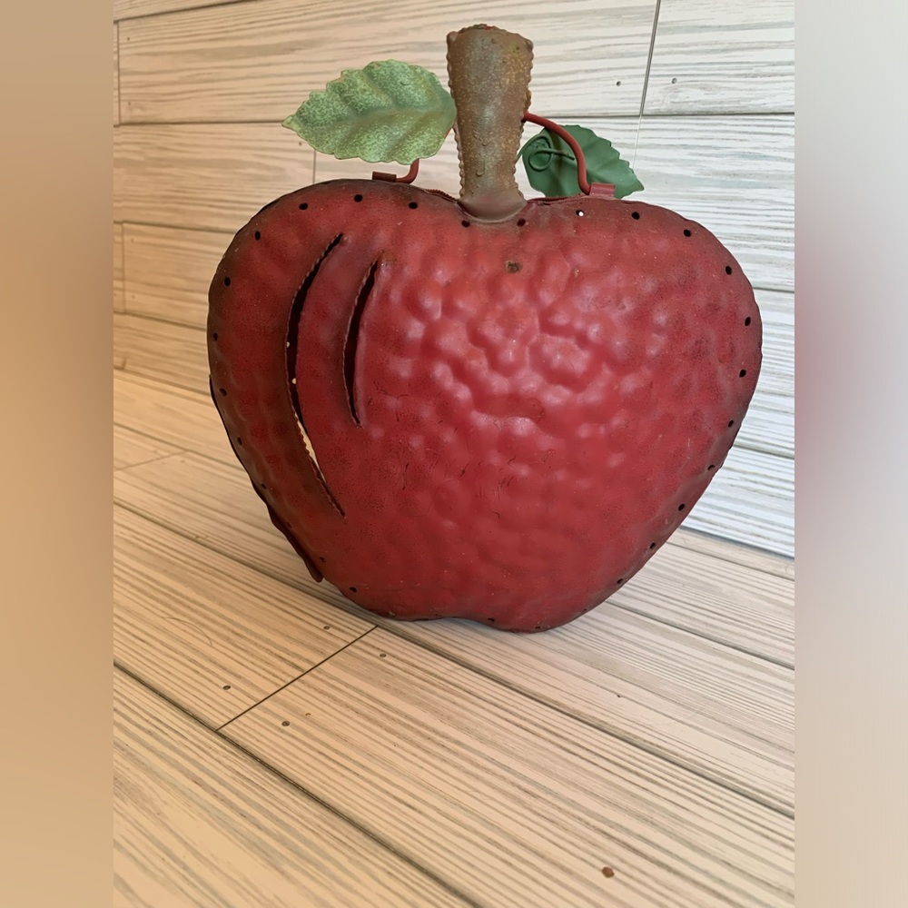 Vintage Red Metal Apple Decor with Green Leaves lantern